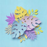 3d rappresentazione, foglie di carta tropicali, mazzo decorativo, fondo botanico pastello, natura della giungla, colori luminosi illustrazione di stock 3d rappresentazione, foglie di carta tropicali, mazzo decorativo, fondo botanico pastello, natura della giungla, colori luminosi illustrazione di stock