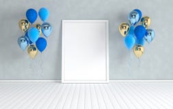 3d render interior with realistic glossy purple metallic foil and colorful balloons and empty poster frame in the room. Empty vector illustration 3d render interior with realistic glossy purple metallic foil and colorful balloons and empty poster frame in the room. Empty vector illustration
