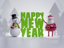 3d render, snowman and Santa Claus, toys, Happy New Year letters. Greeting text, snowy forestl, festive background royalty free illustration 3d render, snowman and Santa Claus, toys, Happy New Year letters. Greeting text, snowy forestl, festive background royalty free illustration