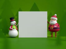 3d render, snowman and Santa Claus, toys holding blank card, Hap. Py New Year, greeting text, snowy forest, Christmas green background royalty free illustration 3d render, snowman and Santa Claus, toys holding blank card, Hap. Py New Year, greeting text, snowy forest, Christmas green background royalty free illustration