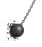 3d rendering of a black swinging wrecking ball crashing into a wall on white background. Stock Photo 3d rendering of a black swinging wrecking ball crashing into a wall on white background. Stock Photo