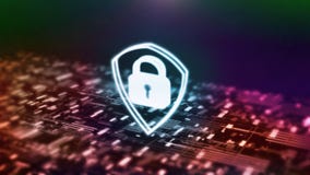3D Rendering of blue shield logo on microchip with glow circuit board. Concept of business security. stock illustration 3D Rendering of blue shield logo on microchip with glow circuit board. Concept of business security. stock illustration