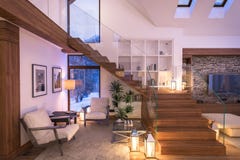 3D rendering of evening living room of chalet royalty free stock images 3D rendering of evening living room of chalet royalty free stock images