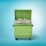 3d rendering of green trash bin filled with money dollars on blue background