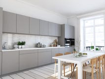 Modern nordic kitchen in loft apartment. 3D rendering Royalty Free Stock Photos Modern nordic kitchen in loft apartment. 3D rendering Royalty Free Stock Photos