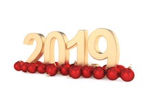 3D rendering 2019 New Year gold digits. With a red christmas ball stock illustration 3D rendering 2019 New Year gold digits. With a red christmas ball stock illustration