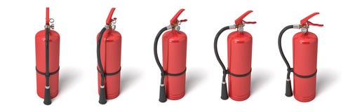 3d rendering of six red fire extinguishers standing on a white background in different angles. vector illustration 3d rendering of six red fire extinguishers standing on a white background in different angles. vector illustration