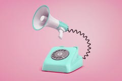 3d rendering of turquoise retro phone with a dial stands on a pink background connected to a megaphone by a black cord. royalty free illustration 3d rendering of turquoise retro phone with a dial stands on a pink background connected to a megaphone by a black cord. royalty free illustration