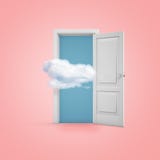 3d rendering of a white open doorway with a cloud on light pink background vector illustration 3d rendering of a white open doorway with a cloud on light pink background vector illustration