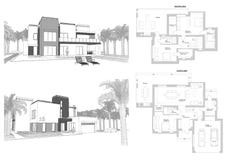 3d sketch of a modern private building with a terrace, facade and back yard view surrounded by palm trees. Floor plan layout Stock Photos 3d sketch of a modern private building with a terrace, facade and back yard view surrounded by palm trees. Floor plan layout Stock Photos