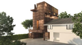3d som framför trevlig tegelstenbyggnad med geometridesignbyggnad med lodlinje, arbeta i trädgården stock illustrationer 3d som framför trevlig tegelstenbyggnad med geometridesignbyggnad med lodlinje, arbeta i trädgården stock illustrationer