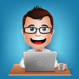3D uomo d'affari occupato realistico Cartoon Character Sitting che lavora in computer portatile illustrazione vettoriale 3D uomo d'affari occupato realistico Cartoon Character Sitting che lavora in computer portatile illustrazione vettoriale