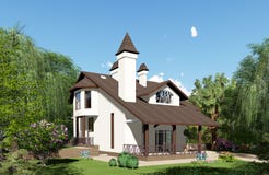 3D visualization. The house is in the background of a beautiful royalty free stock photography 3D visualization. The house is in the background of a beautiful royalty free stock photography