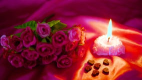 Dag för garneringögonblicksvalentin med längd i fot räknatblomma- och stearinljusbränning Dag för garneringögonblicksvalentin med längd i fot räknatblomma- och stearinljusbränning