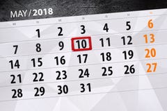 Dagelijkse bedrijfskalenderpagina 2018 10 Mei stock afbeelding Dagelijkse bedrijfskalenderpagina 2018 10 Mei stock afbeelding