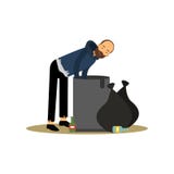 Dakloze mens die voedsel in een vuilnisbak zoeken, werkloosheidsmannetje die voor hulpbeeldverhaal vectorillustratie vergen royalty-vrije illustratie Dakloze mens die voedsel in een vuilnisbak zoeken, werkloosheidsmannetje die voor hulpbeeldverhaal vectorillustratie vergen royalty-vrije illustratie