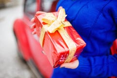 Dame, die Geschenkbox in der Handnahaufnahme hält Feiertags-Geist lizenzfreie stockbilder Dame, die Geschenkbox in der Handnahaufnahme hält Feiertags-Geist lizenzfreie stockbilder