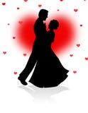 Dancing couple with red hearts background