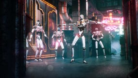 Dancing futuristic cyber robots in the city of the future on a neon street. The looping animation for fiction