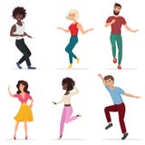Dancing young people. Happy multi ethic men and women move to the music. Vector cartoon flat illustration. stock illustration Dancing young people. Happy multi ethic men and women move to the music. Vector cartoon flat illustration. stock illustration