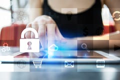Dane ochrona i cyber ochrony pojęcie na wirtualnym ekranie ilustracji Dane ochrona i cyber ochrony pojęcie na wirtualnym ekranie ilustracji