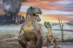 Tyrannosaurus rex with baby t-rex with cretaceous land in the background