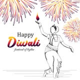 Dansflicka med bränningdiyaillustrationen för lycklig diwalihälsningdesign med utdragen färgrik fyrverkeritappning för hand vektor illustrationer Dansflicka med bränningdiyaillustrationen för lycklig diwalihälsningdesign med utdragen färgrik fyrverkeritappning för hand vektor illustrationer