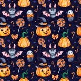 Dark Background with pumpkins, candy,muffin,bat,skull and bow vector illustration Dark Background with pumpkins, candy,muffin,bat,skull and bow vector illustration