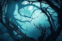 Dark forest with thorny bushes in green fog