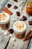 Dark hot chocolate with whipped cream and salted caramel sauce o royalty free stock photo Dark hot chocolate with whipped cream and salted caramel sauce o royalty free stock photo