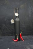 Dark Nature Morte Still-life With Bottle And Chili Peppers Stock Images