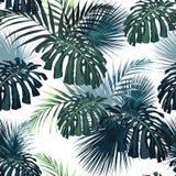 Dark and bright tropical leaves with jungle plants. Seamless vector tropical pattern with green palm and monstera leaves. stock illustration Dark and bright tropical leaves with jungle plants. Seamless vector tropical pattern with green palm and monstera leaves. stock illustration