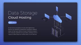 Data storage. Cloud hosting isometric concept. Modern data hosting technology hero image design royalty free illustration Data storage. Cloud hosting isometric concept. Modern data hosting technology hero image design royalty free illustration