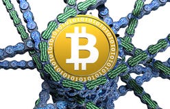 Datorblockchain med bitcoin på vit royaltyfri illustrationer Datorblockchain med bitcoin på vit royaltyfri illustrationer