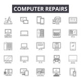 Datorreparationer fodrar symboler, tecken, vektoruppsättningen, det linjära begreppet, översiktsillustration vektor illustrationer Datorreparationer fodrar symboler, tecken, vektoruppsättningen, det linjära begreppet, översiktsillustration vektor illustrationer