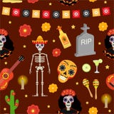 Day of the dead holiday in Mexico seamless pattern with sugar skulls. Stock Illustration Day of the dead holiday in Mexico seamless pattern with sugar skulls. Stock Illustration