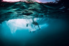 De aantrekkelijke surfervrouw duikt onderwater met ondervatgolf royalty-vrije stock fotografie De aantrekkelijke surfervrouw duikt onderwater met ondervatgolf royalty-vrije stock fotografie