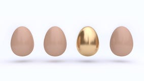 De abstracte vier 3d eieren en één gouden witte achtergrond geven terug stock illustratie De abstracte vier 3d eieren en één gouden witte achtergrond geven terug stock illustratie