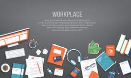 De achtergrond van de werkplaatsdesktop Hoogste mening van zwarte lijst, monitor, omslag, documenten, blocnote Plaats voor tekst vector illustratie De achtergrond van de werkplaatsdesktop Hoogste mening van zwarte lijst, monitor, omslag, documenten, blocnote Plaats voor tekst vector illustratie