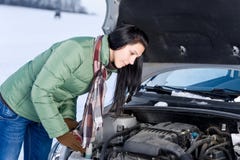 De autoanalyse van de winter - de motor van de vrouwenreparatie royalty-vrije stock afbeelding De autoanalyse van de winter - de motor van de vrouwenreparatie royalty-vrije stock afbeelding