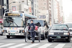 De Aziatische jonge mens trekt een richshaw, voertuigen mens-aangedreven kar met twee wielen in Tokyo, Japan royalty-vrije stock fotografie De Aziatische jonge mens trekt een richshaw, voertuigen mens-aangedreven kar met twee wielen in Tokyo, Japan royalty-vrije stock fotografie