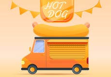 De banner van het de vrachtwagenconcept van het hotdogvoedsel, beeldverhaalstijl royalty-vrije illustratie De banner van het de vrachtwagenconcept van het hotdogvoedsel, beeldverhaalstijl royalty-vrije illustratie