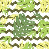 De bladeren van Tropikmonstera in naturaltones De vector naadloze illustratie, de achtergrond van zigzaglijnen van is hand-drawn vector illustratie De bladeren van Tropikmonstera in naturaltones De vector naadloze illustratie, de achtergrond van zigzaglijnen van is hand-drawn vector illustratie