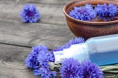 De blauwe korenbloemen liggen in het water in een kom dichtbij een fles korenbloemwater tegen de achtergrond van oude raad royalty-vrije stock afbeelding De blauwe korenbloemen liggen in het water in een kom dichtbij een fles korenbloemwater tegen de achtergrond van oude raad royalty-vrije stock afbeelding