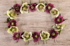 De bloemkroon van lenten de lentebloemen wordt gemaakt nam op rustieke achtergrond die toe Vlak leg, kopieer ruimte Royalty-vrije Stock Afbeelding De bloemkroon van lenten de lentebloemen wordt gemaakt nam op rustieke achtergrond die toe Vlak leg, kopieer ruimte Royalty-vrije Stock Afbeelding