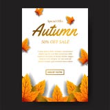 De daling van de herfstbladeren met gouden teksten en witte achtergrond het malplaatje van de verkoopaanbieding Het malplaatje va vector illustratie De daling van de herfstbladeren met gouden teksten en witte achtergrond het malplaatje van de verkoopaanbieding Het malplaatje va vector illustratie