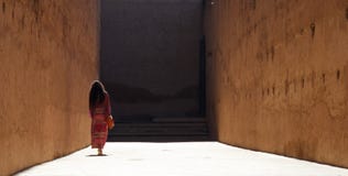 De dame gaat onderaan een hoog-ommuurde steeg weg stock foto's De dame gaat onderaan een hoog-ommuurde steeg weg stock foto's
