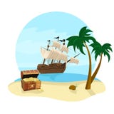 De de zomervakantie reist pictogram met piraatschip, kokospalm, schatborst en strand Royalty-vrije Stock Afbeeldingen De de zomervakantie reist pictogram met piraatschip, kokospalm, schatborst en strand Royalty-vrije Stock Afbeeldingen