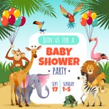 De douche van de moederbaby Van de de kinderenpartij van de malplaatjeuitnodiging van de de groetbaby tropische de dierenkaart, b stock illustratie De douche van de moederbaby Van de de kinderenpartij van de malplaatjeuitnodiging van de de groetbaby tropische de dierenkaart, b stock illustratie