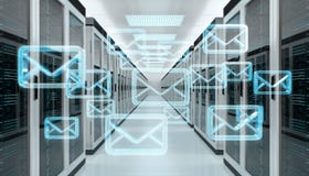 De e-mailuitwisseling over de gegevens van de serverruimte centreert het 3D teruggeven stock illustratie De e-mailuitwisseling over de gegevens van de serverruimte centreert het 3D teruggeven stock illustratie